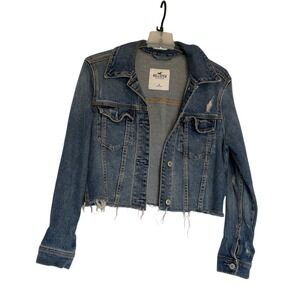 Hollister Medium Wash Distressed Cropped Denim Trucker Jacket Womens Small